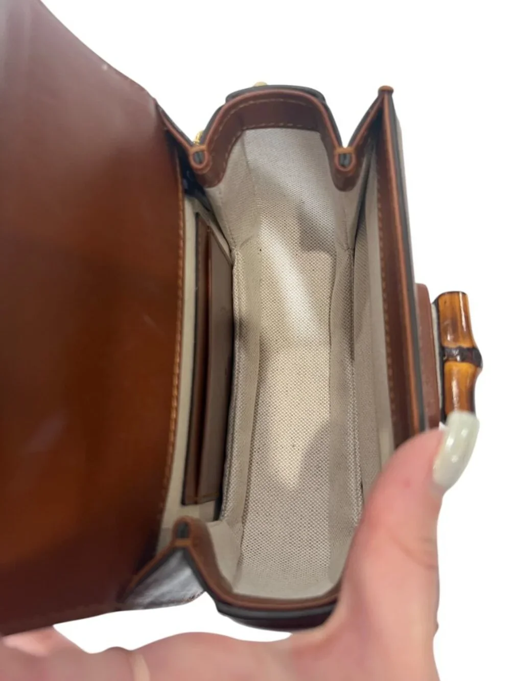 $4495 Gucci 1947 Brown Mini Crystal Studded Bamboo Handle Chain Crossbody - Picture 8 of 10